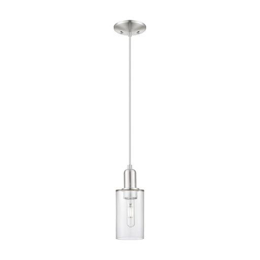 Innovations Lighting Clymer 4in 1-Light Mini Pendant | Industrial Brushed Satin Nickel Steel and Clear Glass | Kitchen Island & | Model 716-1P-SN-G802