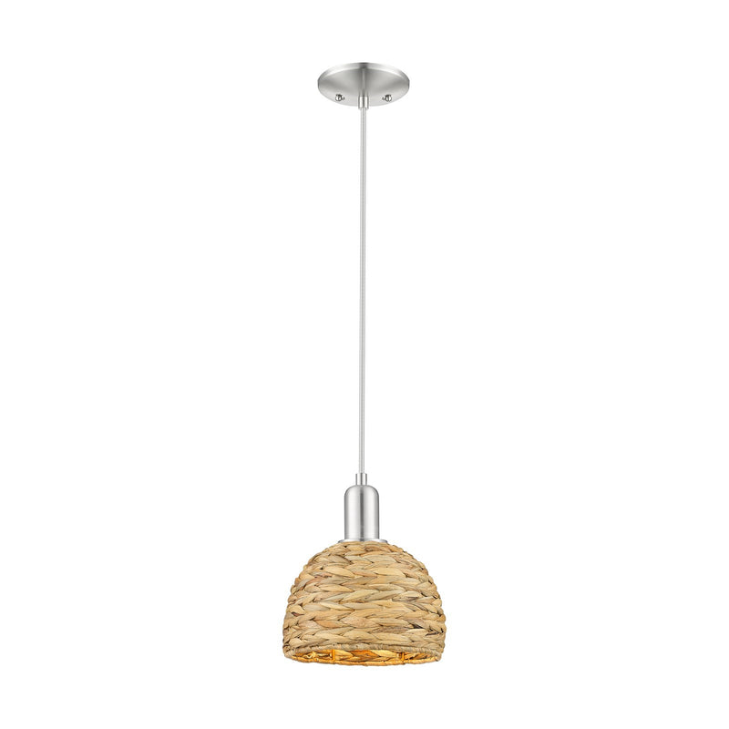 Innovations Woven Rattan 8in 1-Light Mini Pendant | Rustic Farmhouse Satin Nickel and Natural Woven Rattan | Kitchen Island & | Model 716-1P-SN-RBD-8-NAT