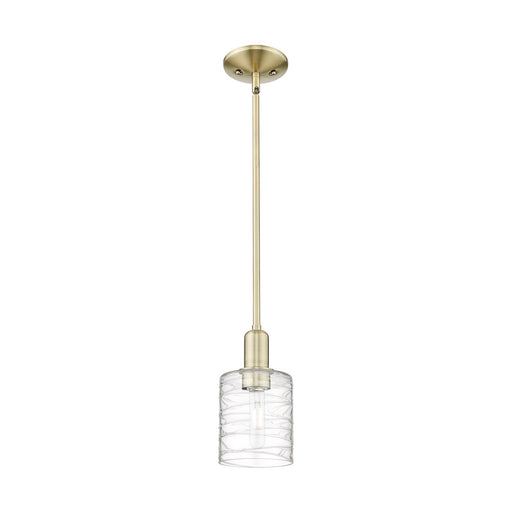 Innovations Cobbleskill 5in 1-Light Mini Pendant | Industrial Antique Brass and Deco Swirl Glass | Kitchen Island & Dining Room | Model 716-1S-AB-G1113