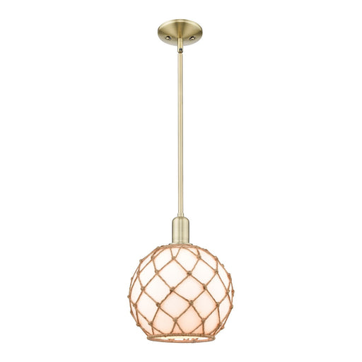 Innovations Farmhouse Rope 10in 1-Light Mini Pendant | Industrial Antique Brass Steel and Matte White Glass with Brown Rope | Model 716-1S-AB-G121-10RB