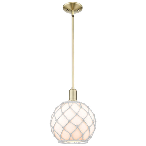 Innovations Farmhouse Rope 10in 1-Light Mini Pendant | Industrial Antique Brass and White Glass with White Rope | Kitchen | Model 716-1S-AB-G121-10RW