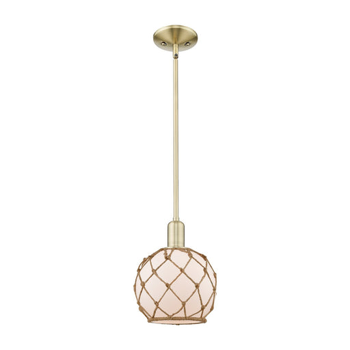 Innovations Farmhouse Rope 8in 1-Light Mini Pendant | Industrial Antique Brass and White Glass with Brown Rope | Kitchen Island | Model 716-1S-AB-G121-8RB