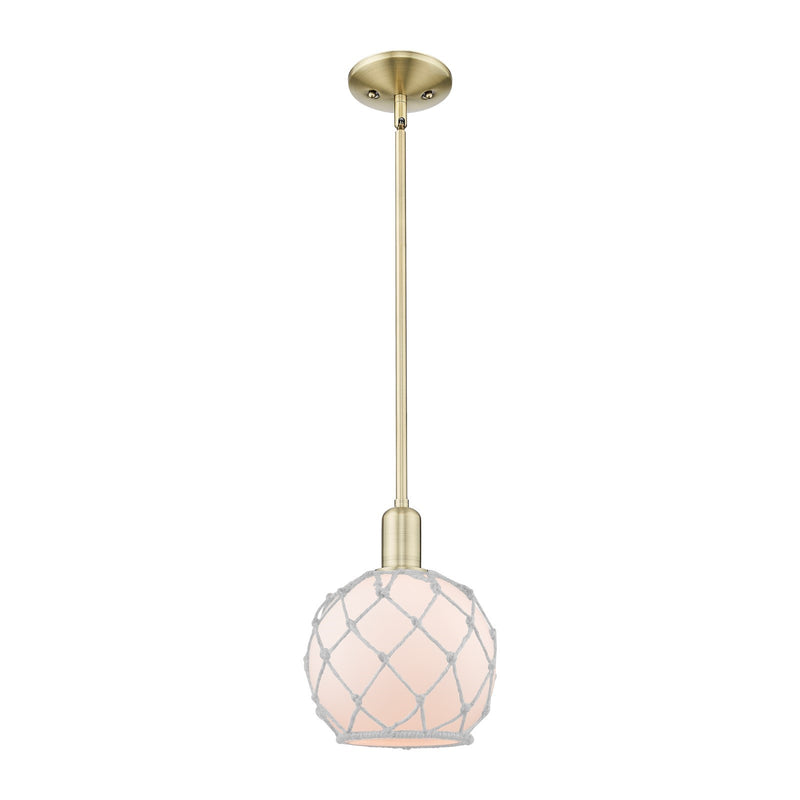 Innovations Farmhouse Rope 8in 1-Light Mini Pendant | Industrial Antique Brass Steel and White Frosted Glass with Rope | Model 716-1S-AB-G121-8RW