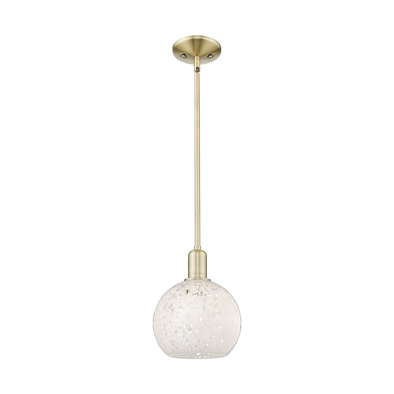 Innovations Lighting White Mouchette 8in 1-Light Mini Pendant | Industrial Antique Brass Steel and White Mouchette Glass | Model 716-1S-AB-G1216-8WM