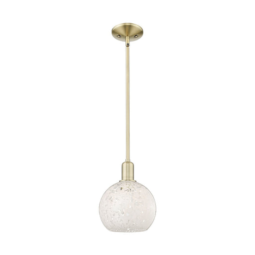 Innovations Lighting White Mouchette 8in 1-Light Mini Pendant | Industrial Antique Brass Steel and White Mouchette Glass | Model 716-1S-AB-G1216-8WM