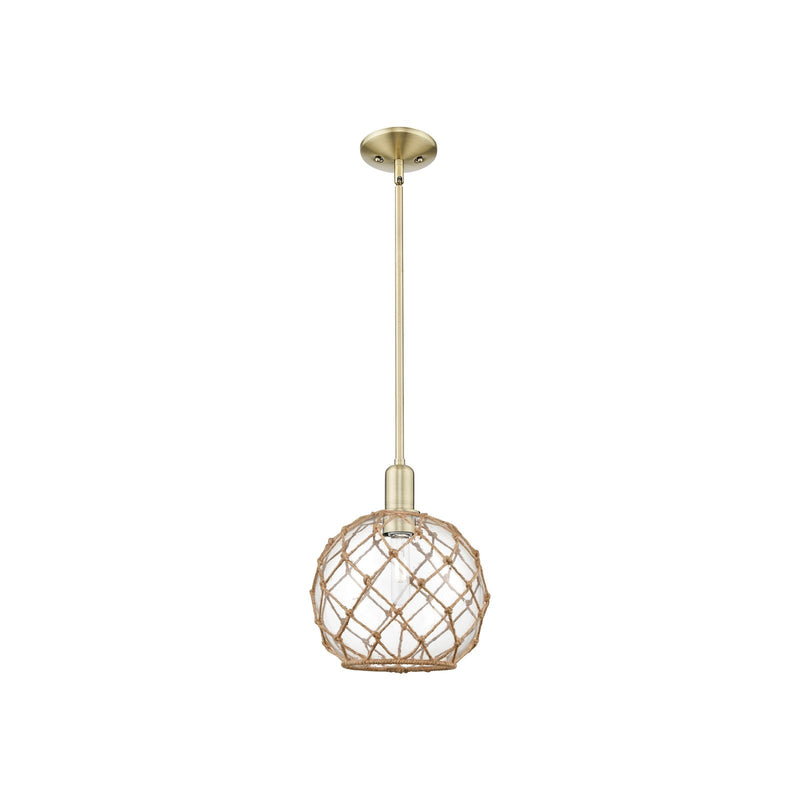 Innovations Farmhouse Rope 10in 1-Light Mini Pendant | Industrial Antique Brass and Clear Glass with Brown Rope | Kitchen | Model 716-1S-AB-G122-10RB