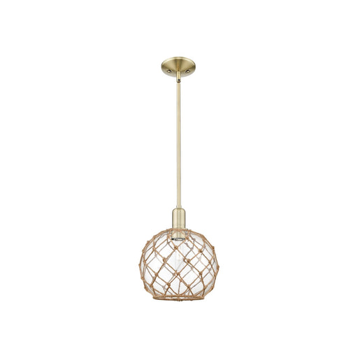 Innovations Farmhouse Rope 10in 1-Light Mini Pendant | Industrial Antique Brass and Clear Glass with Brown Rope | Kitchen | Model 716-1S-AB-G122-10RB