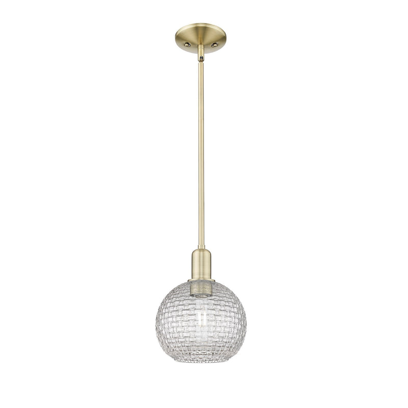Innovations Athens 8in 1-Light Mini Pendant | Industrial Antique Brass Steel and Clear Basket Weave Glass | Kitchen Island & | Model 716-1S-AB-G122C-8CL