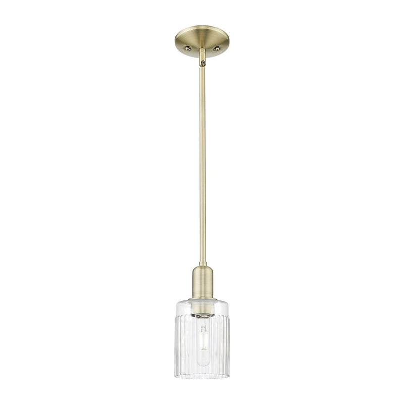 Innovations Hadley 4.5in 1-Light Mini Pendant | Industrial Antique Brass Steel and Clear Ribbed Glass | Kitchen Island & Dining | Model 716-1S-AB-G342