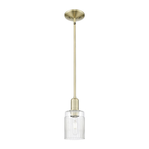 Innovations Hadley 4.5in 1-Light Mini Pendant | Industrial Antique Brass Steel and Clear Ribbed Glass | Kitchen Island & Dining | Model 716-1S-AB-G342