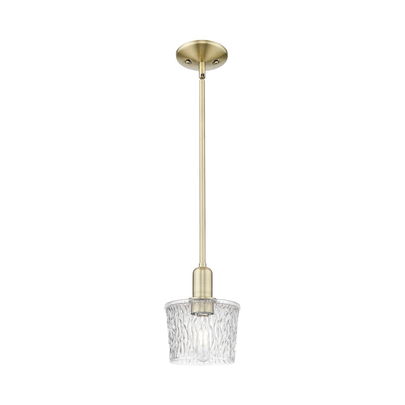 Innovations Niagara 7in 1-Light Mini Pendant | Industrial Antique Brass Steel and Clear Textured Glass | Kitchen Island & Dining | Model 716-1S-AB-G402