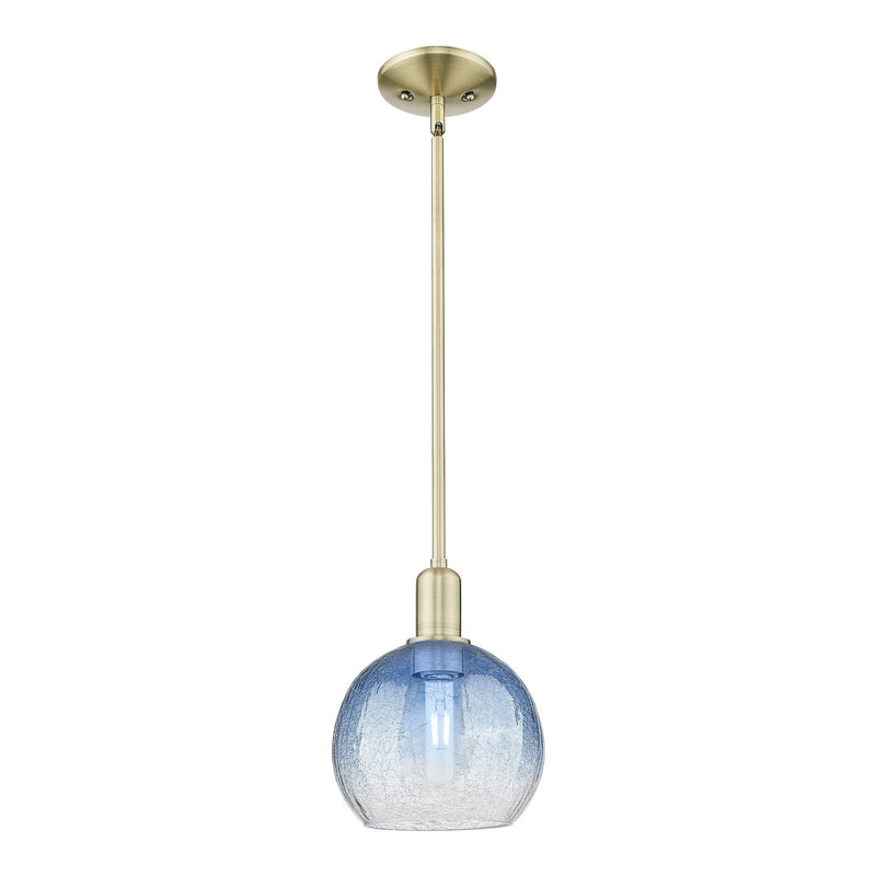 Innovations Brookhaven Globe 8in 1-Light Mini Pendant | Industrial Antique Brass Steel and Sapphire Blue Glass | Kitchen Island | Model 716-1S-AB-G483-8SB