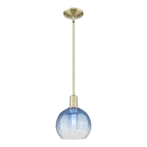 Innovations Brookhaven Globe 8in 1-Light Mini Pendant | Industrial Antique Brass Steel and Sapphire Blue Glass | Kitchen Island | Model 716-1S-AB-G483-8SB