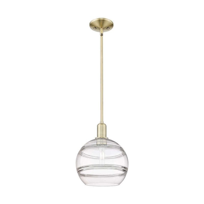 Innovations Rochester 10in 1-Light Mini Pendant | Industrial Antique Brass Steel and Clear Glass | Kitchen Island & Dining | Model 716-1S-AB-G556-10CL