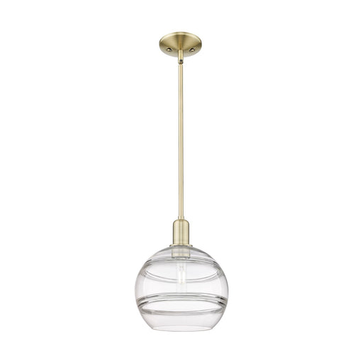 Innovations Rochester 10in 1-Light Mini Pendant | Industrial Antique Brass Steel and Clear Glass | Kitchen Island & Dining | Model 716-1S-AB-G556-10CL