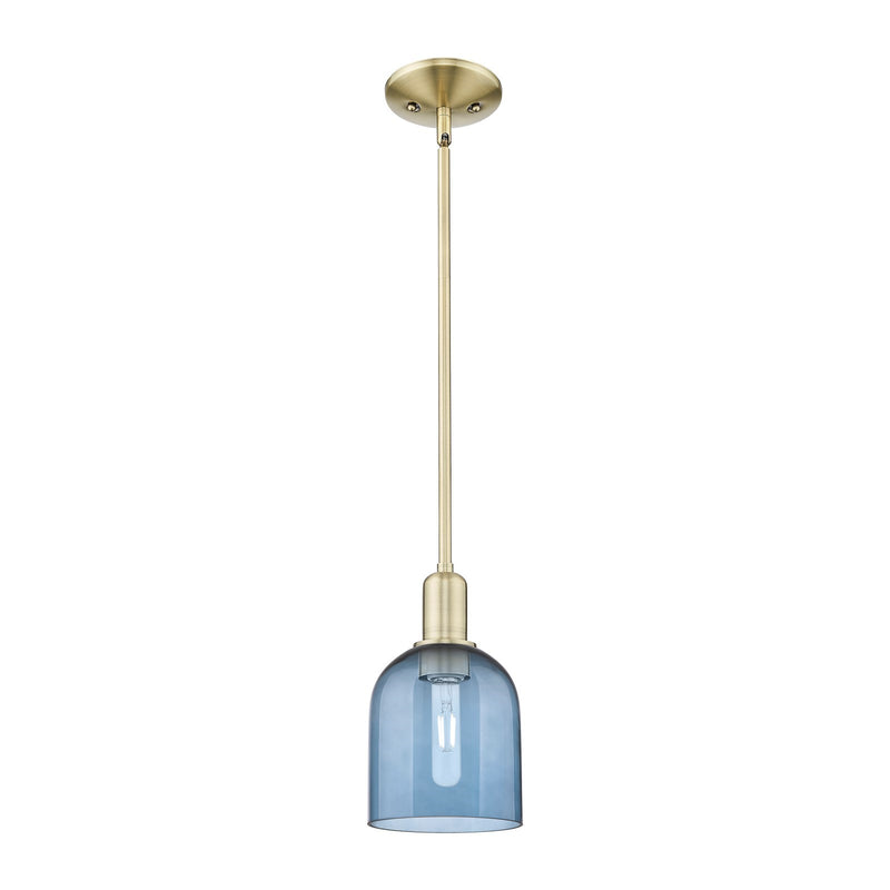 Innovations Bella 6in 1-Light Mini Pendant | Industrial Antique Brass and Blue Glass | Kitchen Island & Dining Room | 5.5 x 5.5 | Model 716-1S-AB-G558-6BL