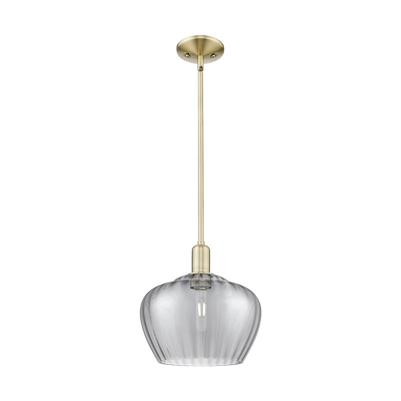 Innovations Fenton 11in 1-Light Mini Pendant | Industrial Antique Brass and Light Smoke Ribbed Glass | Kitchen Island & Dining | Model 716-1S-AB-G93-L
