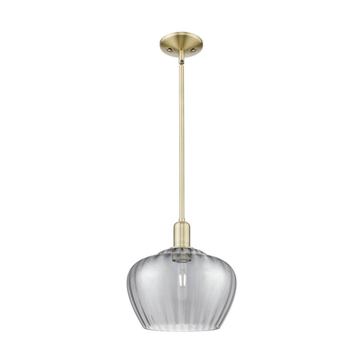 Innovations Fenton 11in 1-Light Mini Pendant | Industrial Antique Brass and Light Smoke Ribbed Glass | Kitchen Island & Dining | Model 716-1S-AB-G93-L