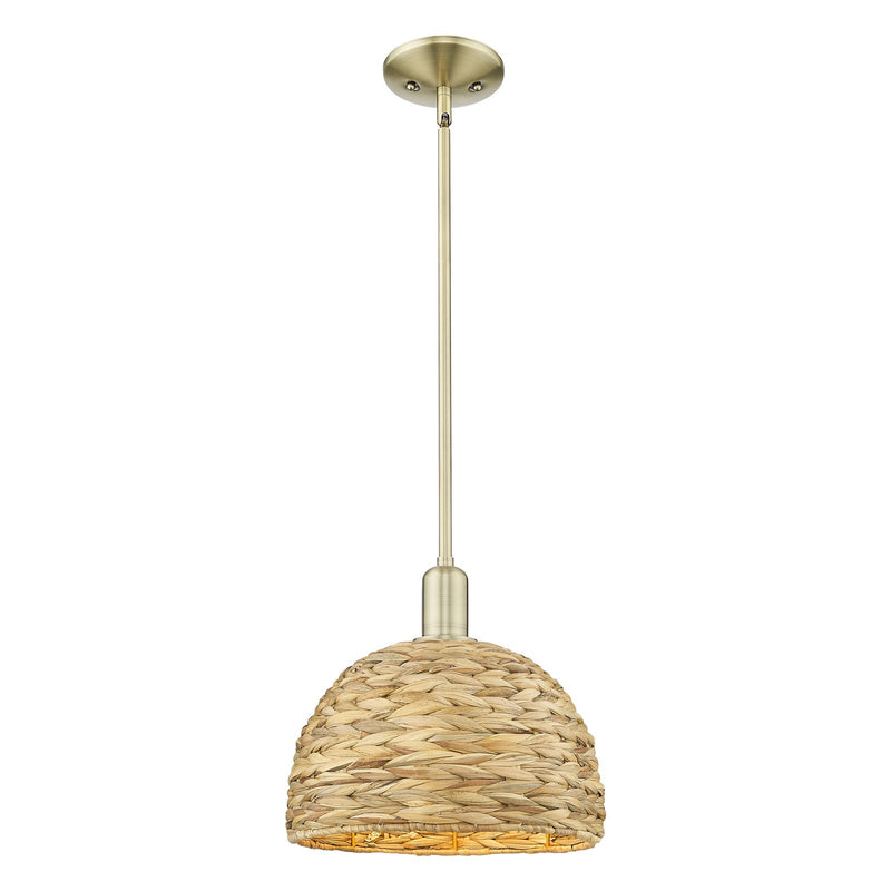 Innovations Woven Rattan 12in 1-Light Mini Pendant | Industrial Antique Brass Steel and Natural Rattan | Kitchen Island & | Model 716-1S-AB-RBD-12-NAT