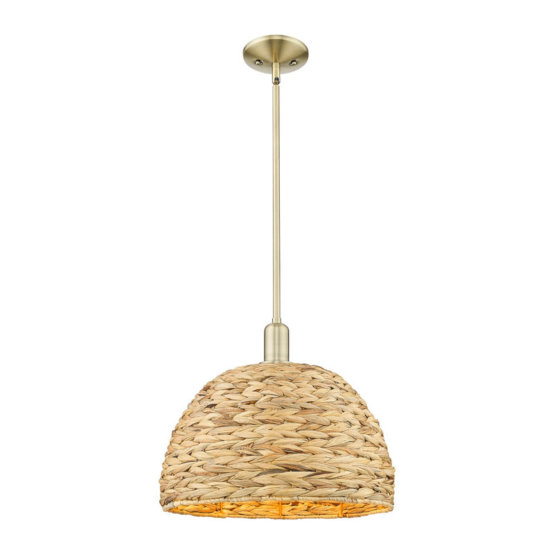 Innovations Woven Rattan 16in 1-Light Mini Pendant | Industrial Antique Brass and Natural Fiber Shade | Kitchen Island & | Model 716-1S-AB-RBD-16-NAT