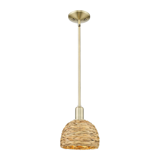Innovations Woven Rattan 8in 1-Light Mini Pendant | Rustic Farmhouse Antique Brass and Natural Woven Rattan | Kitchen Island & | Model 716-1S-AB-RBD-8-NAT