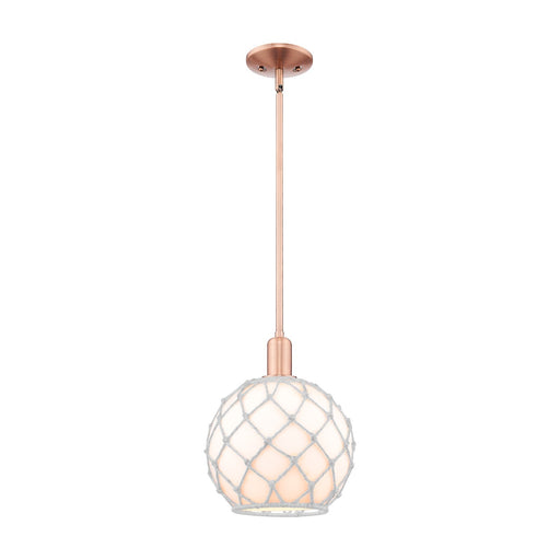 Innovations Farmhouse Rope 10in 1-Light Mini Pendant | Industrial Antique Copper Steel and White Glass with White Rope | Model 716-1S-AC-G121-10RW