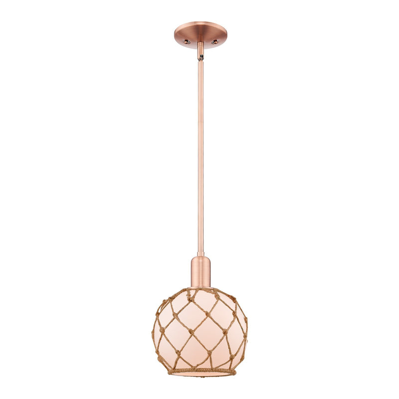 Innovations Farmhouse Rope 8in 1-Light Mini Pendant | Industrial Antique Copper Steel and White Frosted Glass with Brown Rope | Model 716-1S-AC-G121-8RB