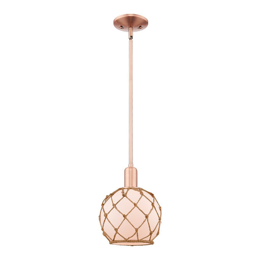 Innovations Farmhouse Rope 8in 1-Light Mini Pendant | Industrial Antique Copper Steel and White Frosted Glass with Brown Rope | Model 716-1S-AC-G121-8RB