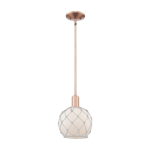 Innovations Farmhouse Rope 8in 1-Light Mini Pendant | Industrial Antique Copper Steel and White Frosted Glass with Rope | Model 716-1S-AC-G121-8RW