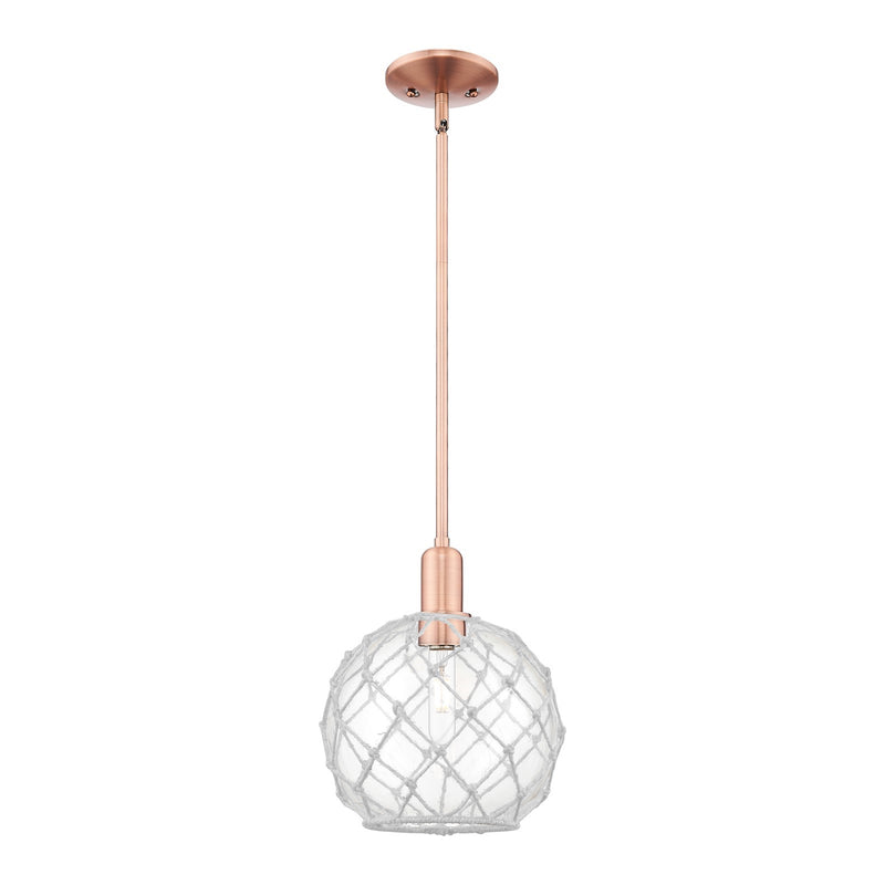Innovations Farmhouse Rope 10in 1-Light Mini Pendant | Industrial Antique Copper Steel and Clear Glass with White Rope | Model 716-1S-AC-G122-10RW