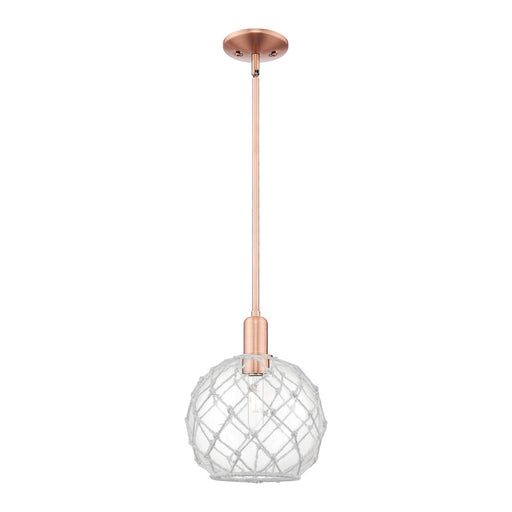 Innovations Farmhouse Rope 10in 1-Light Mini Pendant | Industrial Antique Copper Steel and Clear Glass with White Rope | Model 716-1S-AC-G122-10RW