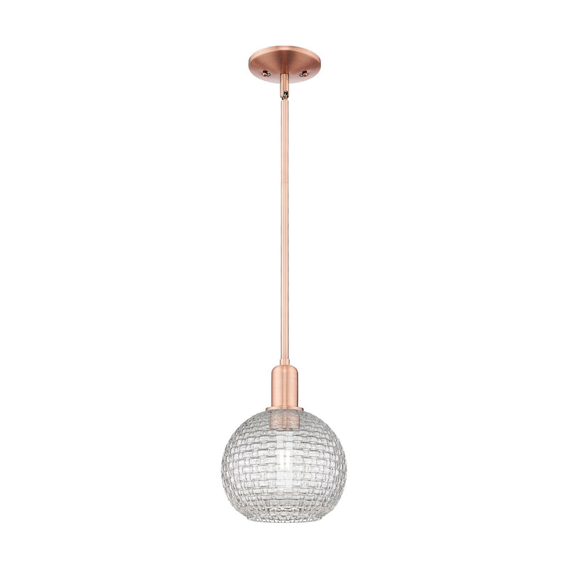Innovations Athens 8in 1-Light Mini Pendant | Industrial Antique Copper Steel and Clear Basket Weave Glass | Kitchen Island & | Model 716-1S-AC-G122C-8CL