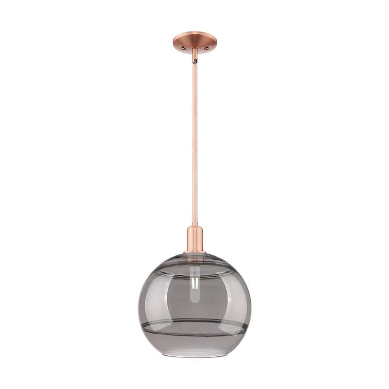 Innovations Rochester 12in 1-Light Mini Pendant | Industrial Antique Copper Steel and Light Smoke Glass | Kitchen Island & | Model 716-1S-AC-G556-12SM