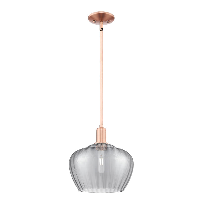 Innovations Fenton 11in 1-Light Mini Pendant | Industrial Antique Copper Steel and Light Smoke Ribbed Glass | Kitchen Island & | Model 716-1S-AC-G93-L