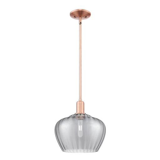 Innovations Fenton 11in 1-Light Mini Pendant | Industrial Antique Copper Steel and Light Smoke Ribbed Glass | Kitchen Island & | Model 716-1S-AC-G93-L