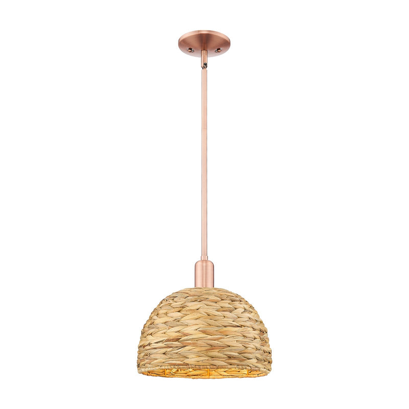 Innovations Woven Rattan 12in 1-Light Mini Pendant | Industrial Antique Copper Steel and Natural Rattan | Kitchen Island & | Model 716-1S-AC-RBD-12-NAT