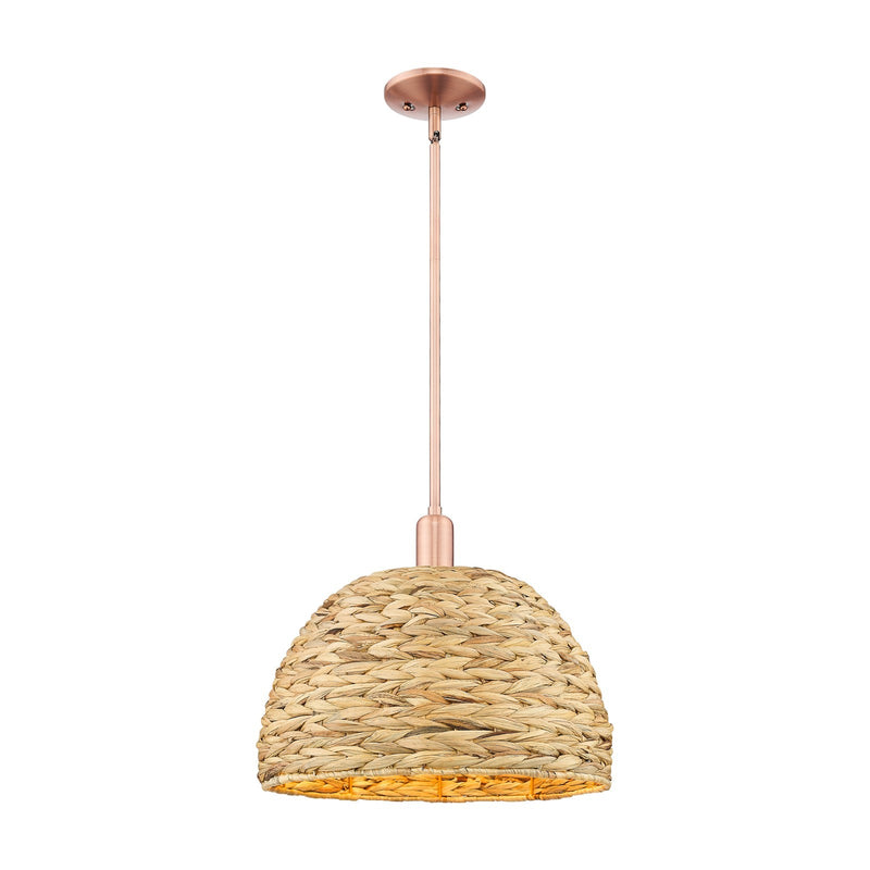 Innovations Woven Rattan 16in 1-Light Mini Pendant | Industrial Antique Copper and Natural Fiber Shade | Kitchen Island & | Model 716-1S-AC-RBD-16-NAT