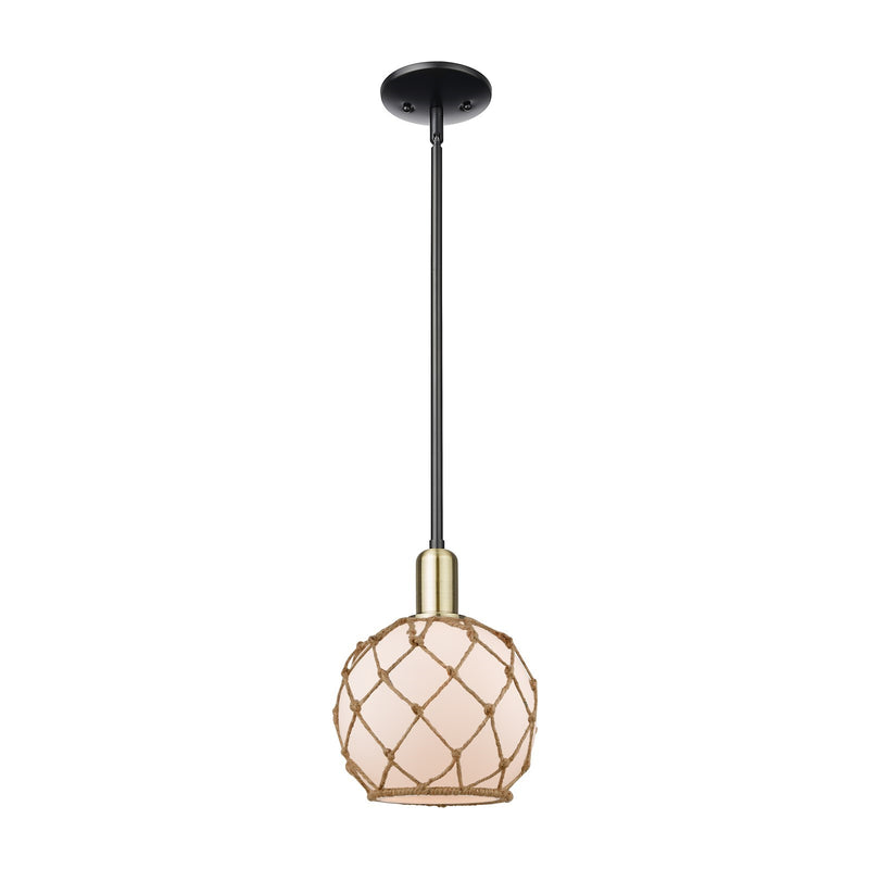 Innovations Farmhouse Rope 8in 1-Light Mini Pendant | Industrial Black Antique Brass and White Glass with Brown Rope | Kitchen | Model 716-1S-BAB-G121-8RB