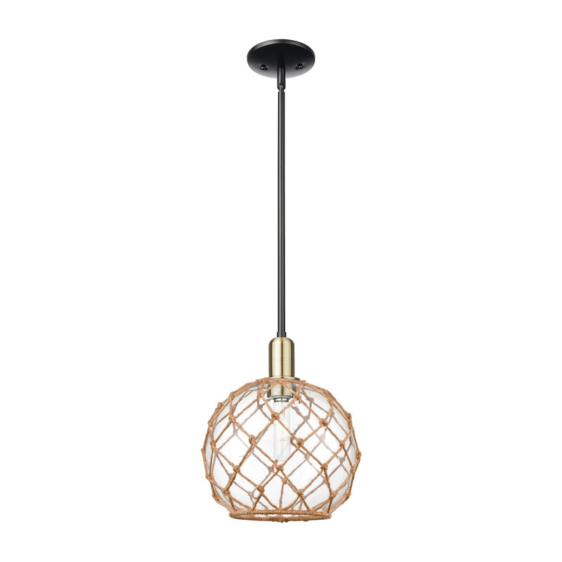 Innovations Farmhouse Rope 10in 1-Light Mini Pendant | Industrial Black Antique Brass and Clear Glass with Brown Rope | Model 716-1S-BAB-G122-10RB
