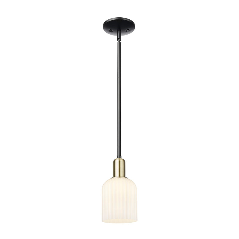 Innovations Bridal Veil 5in 1-Light Mini Pendant | Industrial Black Antique Brass and Gloss White Ribbed Glass | Kitchen | Model 716-1S-BAB-G559-5GWH
