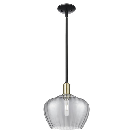 Innovations Fenton 11in 1-Light Mini Pendant | Industrial Black Antique Brass Steel and Light Smoke Ribbed Glass | Kitchen Island | Model 716-1S-BAB-G93-L