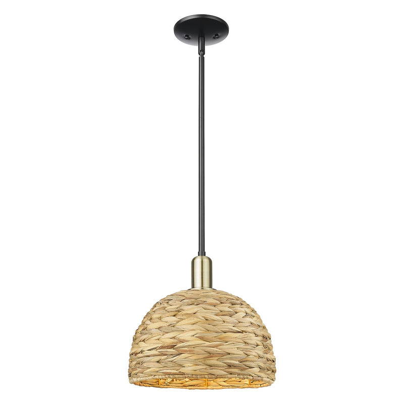 Innovations Woven Rattan 12in 1-Light Mini Pendant | Industrial Black Antique Brass and Natural Fiber | Kitchen Island & | Model 716-1S-BAB-RBD-12-NAT