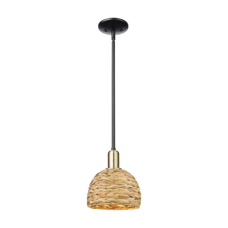 Innovations Woven Rattan 8in 1-Light Mini Pendant | Rustic Farmhouse Black Antique Brass and Natural Woven Rattan | Kitchen | Model 716-1S-BAB-RBD-8-NAT
