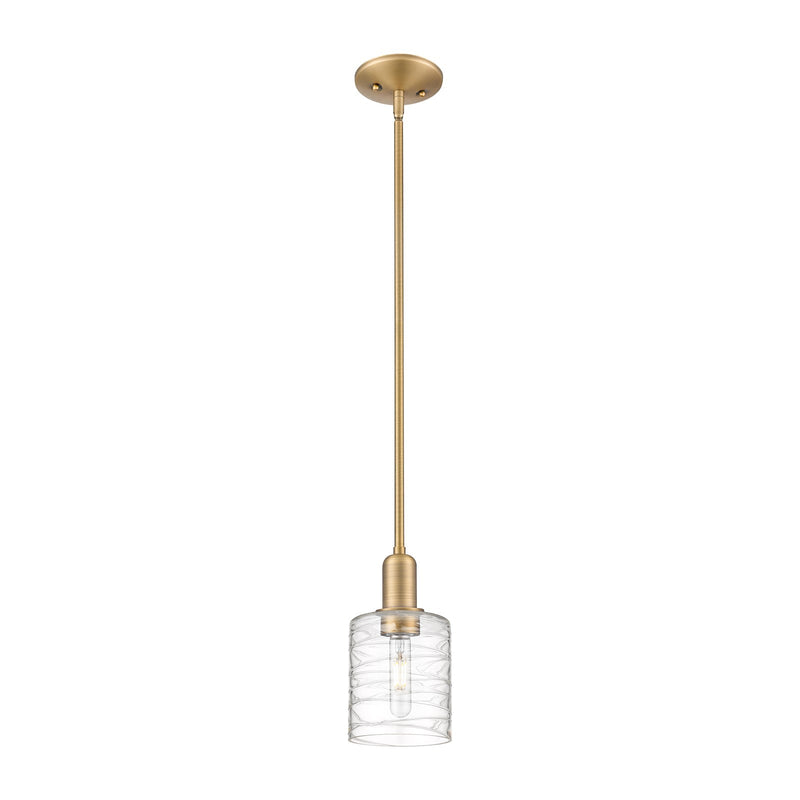 Innovations Cobbleskill 5in 1-Light Mini Pendant | Industrial Brushed Brass Steel and Deco Swirl Clear Glass | Kitchen Island & | Model 716-1S-BB-G1113