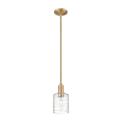 Innovations Cobbleskill 5in 1-Light Mini Pendant | Industrial Brushed Brass Steel and Deco Swirl Clear Glass | Kitchen Island & | Model 716-1S-BB-G1113