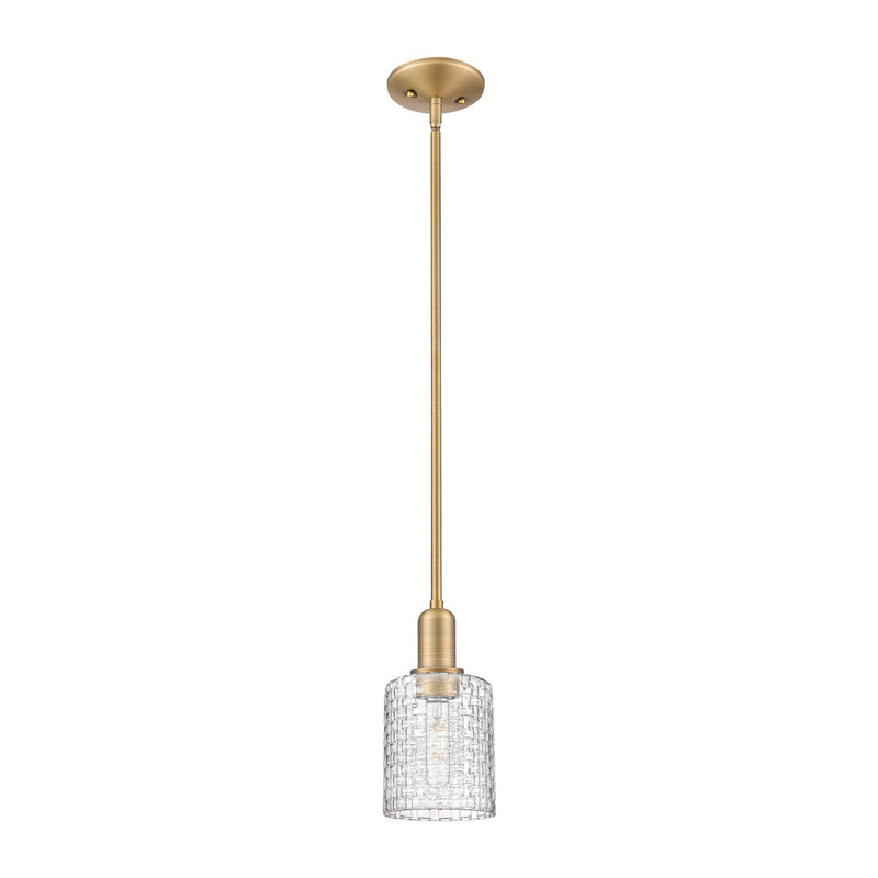 Innovations Cobbleskill 5in 1-Light Mini Pendant | Industrial Brushed Brass Steel and Clear Basket Weave Glass | Kitchen | Model 716-1S-BB-G112C-5CL
