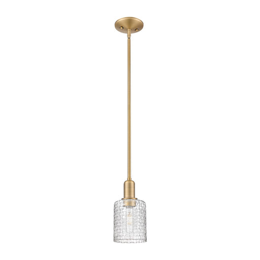 Innovations Cobbleskill 5in 1-Light Mini Pendant | Industrial Brushed Brass Steel and Clear Basket Weave Glass | Kitchen | Model 716-1S-BB-G112C-5CL