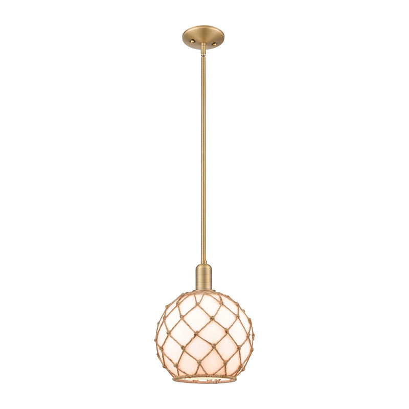 Innovations Farmhouse Rope 10in 1-Light Mini Pendant | Industrial Brushed Brass Steel and Matte White Glass with Brown Rope | Model 716-1S-BB-G121-10RB