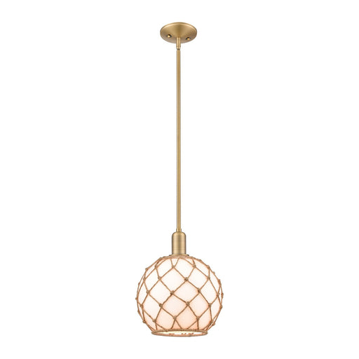 Innovations Farmhouse Rope 10in 1-Light Mini Pendant | Industrial Brushed Brass Steel and Matte White Glass with Brown Rope | Model 716-1S-BB-G121-10RB