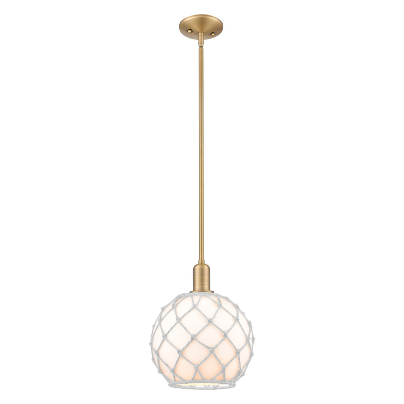 Innovations Farmhouse Rope 10in 1-Light Mini Pendant | Industrial Brushed Brass Steel and White Glass with White Rope | Model 716-1S-BB-G121-10RW